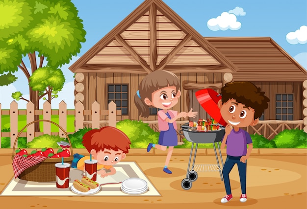 Background scene with happy kids in the park