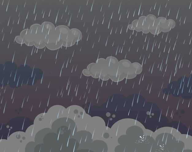 Vector background scene with heavy rain in dark sky