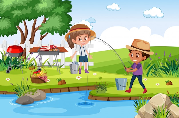 Фоновая сцена с детьми, рыбалка в парке