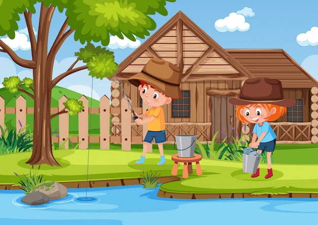 Background scene with kids fishing in the park