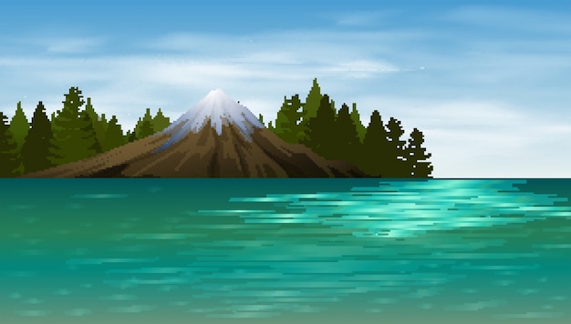 Vector background scene with lake and mountain