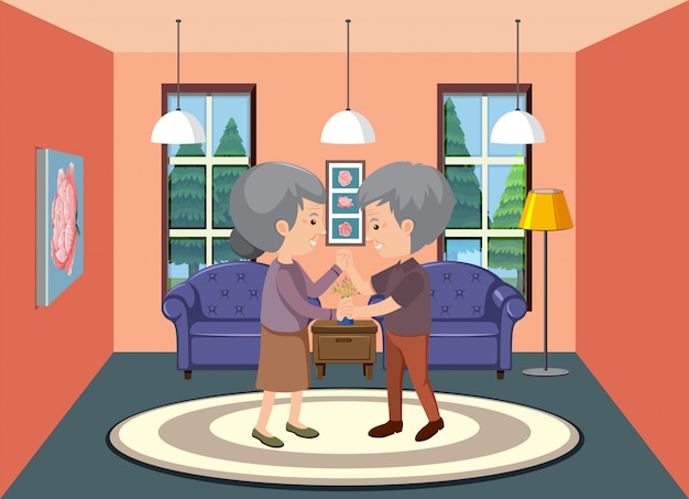 Vector background scene with old couple staying at home