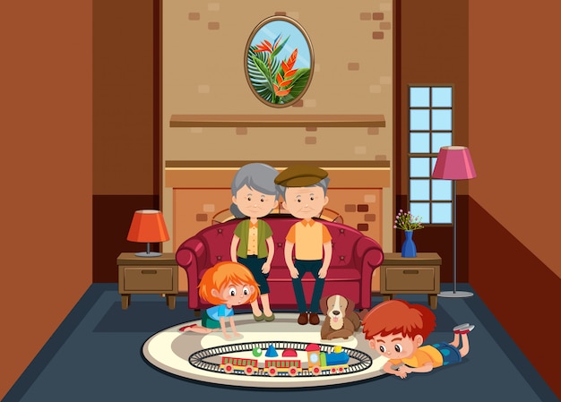 Background scene with old people and children at home