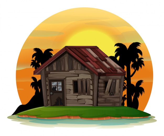 Background scene with old wooden house on island