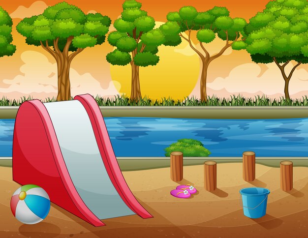 Scena di sfondo con parco giochi in riva al fiume