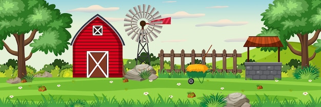 Vector background scene with red barn on the farm