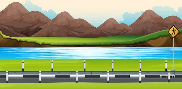Vector background scene with river along the road