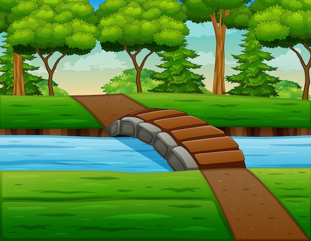 Фоновая сцена с речным мостом и деревьями иллюстрации