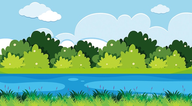 Vettore scena di sfondo con illustrazione di fiume e erba