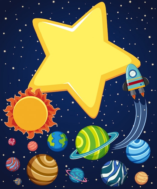 Vector background scene with rocket and planets in space