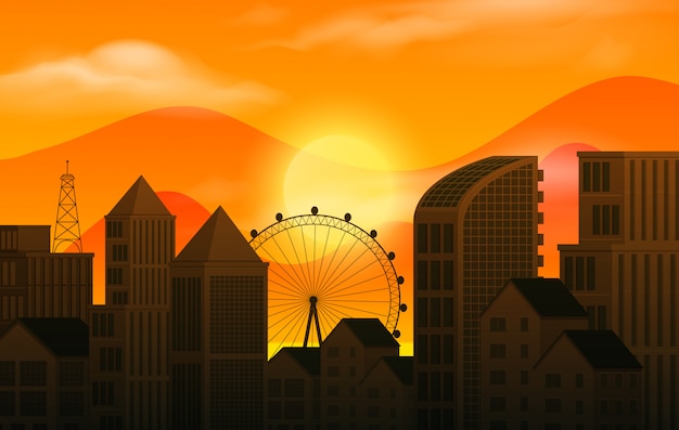 Vector background scene with sunset and silhouette