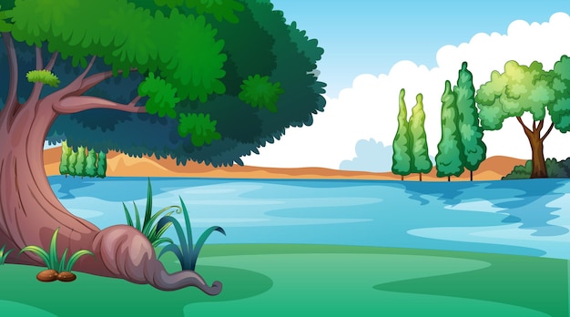 湖のほとりの木と背景のシーン