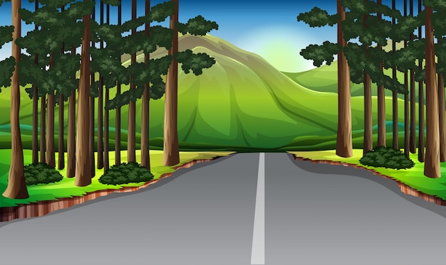 Vector background scene with trees along the road