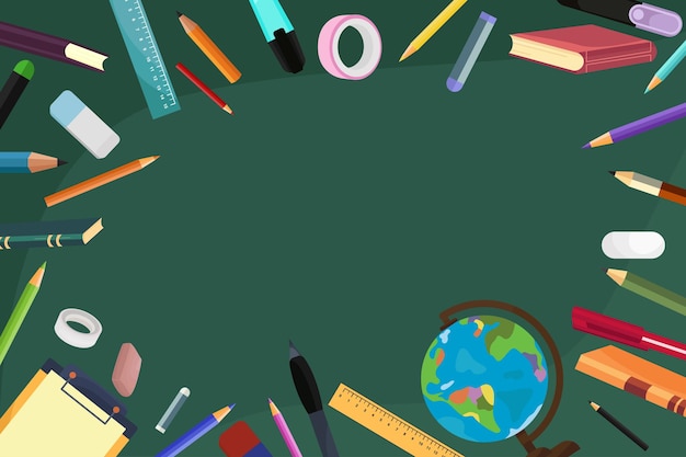 Vector background school background green board and stationery office supplies college learning educa