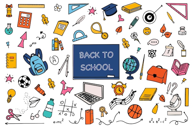 Background of school icons in doodle style School education Back to school doodle drawing Vector illustration