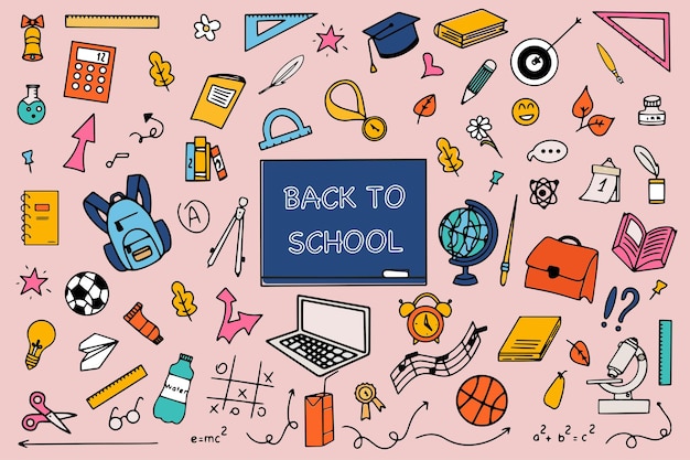 Background of school icons in doodle style School education Back to school doodle drawing Vector illustration