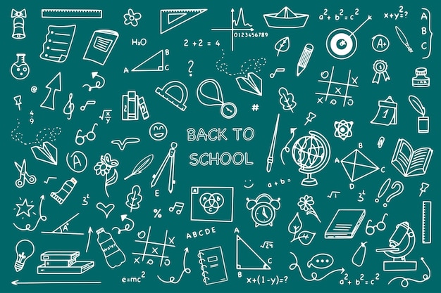 Background of school icons in doodle style School education Back to school doodle drawing Vector illustration