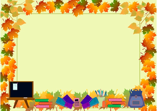 Background for September 1 with leaves and school supplies