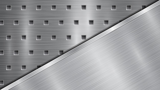 Background in silver and gray colors consisting of a perforated metallic surface with holes and one big polished plate located in diagonal with a metal texture glares and shiny edge