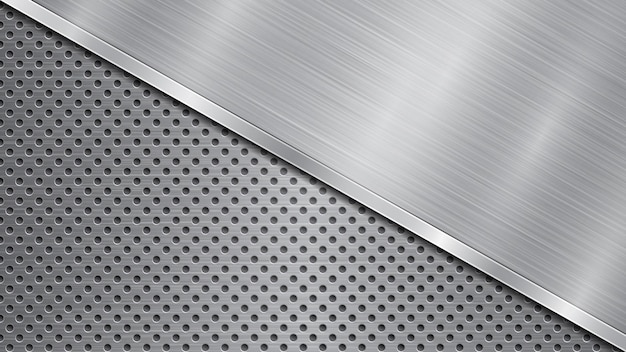 Vector background in silver and gray colors consisting of a perforated metallic surface with holes and one big polished plate located in diagonal with a metal texture glares and shiny edge