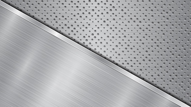 Background in silver and gray colors consisting of a perforated metallic surface with holes and one big polished plate located in diagonal with a metal texture glares and shiny edge