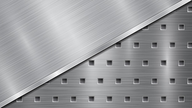 Background in silver and gray colors consisting of a perforated metallic surface with holes and one big polished plate located in diagonal with a metal texture glares and shiny edge