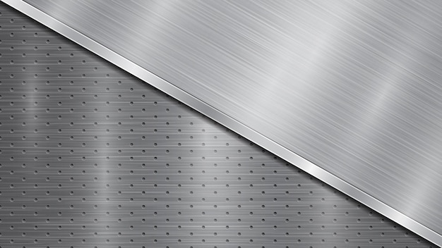 Vector background in silver and gray colors consisting of a perforated metallic surface with holes and one big polished plate located in diagonal with a metal texture glares and shiny edge