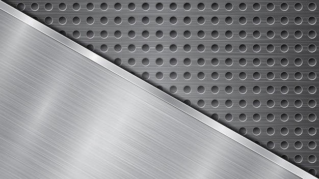 Vector background in silver and gray colors, consisting of a perforated metallic surface with holes and one big polished plate located in diagonal, with a metal texture, glares and shiny edge