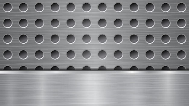 Background in silver and gray colors, consisting of a perforated metallic surface with holes and one horizontal polished plate located below, with a metal texture, glares and shiny edges