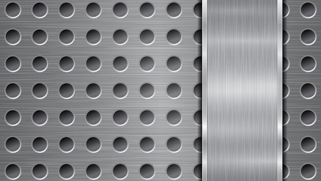 Vector background in silver and gray colors consisting of a perforated metallic surface with holes and one vertical polished plate located on right side with a metal texture glares and shiny edges