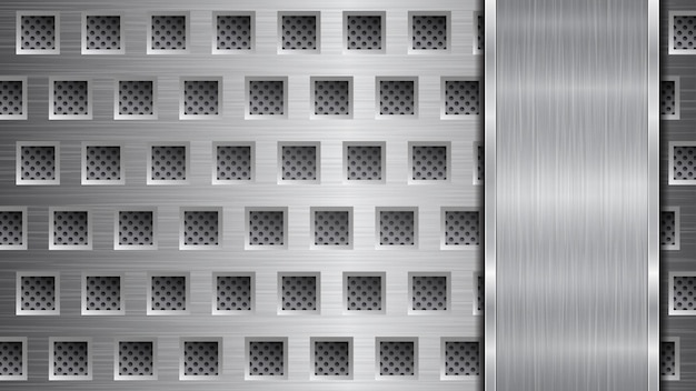 Vector background in silver and gray colors consisting of a perforated metallic surface with holes and one vertical polished plate located on right side with a metal texture glares and shiny edges