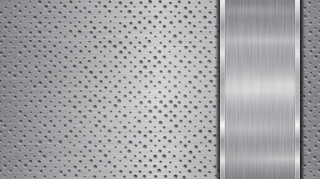 Background in silver and gray colors consisting of a perforated metallic surface with holes and one vertical polished plate located on right side with a metal texture glares and shiny edges