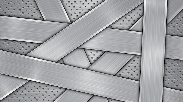 Background in silver and gray colors consisting of a perforated metallic surface with holes and several randomly arranged intersecting polished plates with a metal texture glares and shiny edges