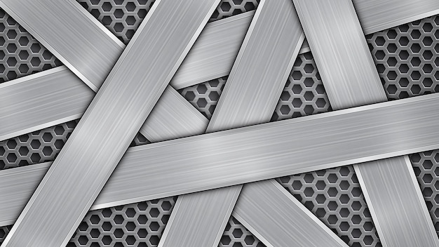 Vector background in silver and gray colors, consisting of a perforated metallic surface with holes and several randomly arranged intersecting polished plates with a metal texture, glares and shiny edges