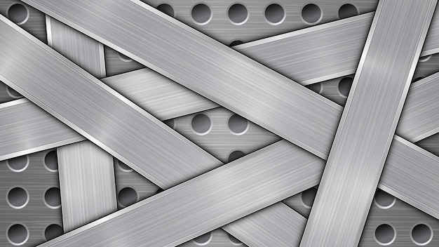 Vector background in silver and gray colors, consisting of a perforated metallic surface with holes and several randomly arranged intersecting polished plates with a metal texture, glares and shiny edges