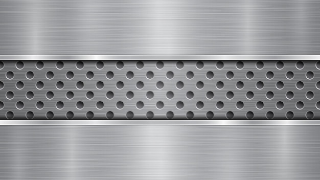 Background in silver and gray colors, consisting of a perforated metallic surface with holes and two horizontal polished plates located above and below, with a metal texture, glares and shiny edges