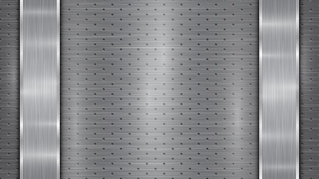 Background in silver and gray colors consisting of a perforated metallic surface with holes and two vertical polished plates located left and right with a metal texture glares and shiny edges