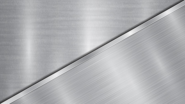 Background in silver and gray colors consisting of a shiny metallic surface and one big polished plate located in diagonal with a metal texture glares and burnished edge