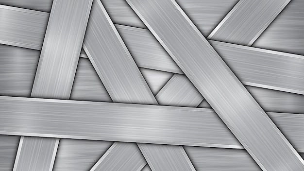 Background in silver and gray colors consisting of a shiny metallic surface and several randomly arranged intersecting polished plates with a metal texture glares and burnished edges