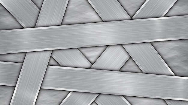 Background in silver and gray colors consisting of a shiny metallic surface and several randomly arranged intersecting polished plates with a metal texture glares and burnished edges