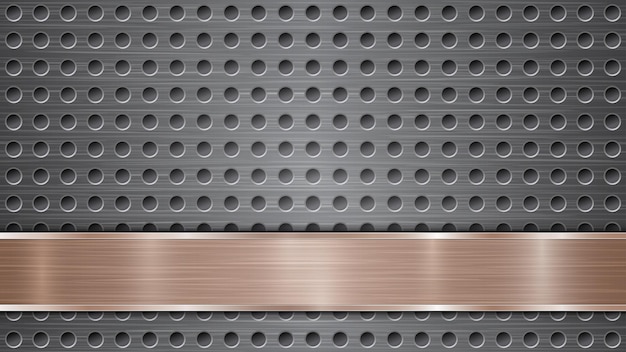 Vector background of silver perforated metallic surface with holes and horizontal bronze polished plate with a metal texture glares and shiny edges