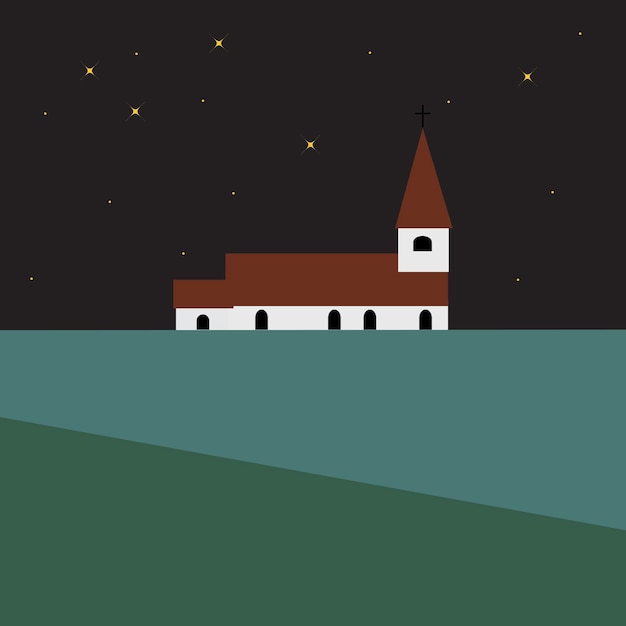background small church night with stars chapel ilustrasion