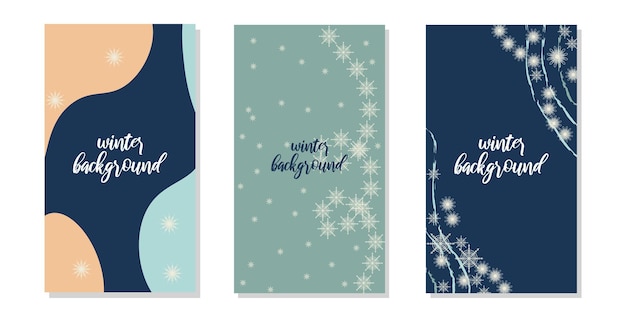 Background in social networks stories winter theme Snowflakes color spots Vertical background template Insta style elements of nature in blue white and dark blue tones Vector illustration