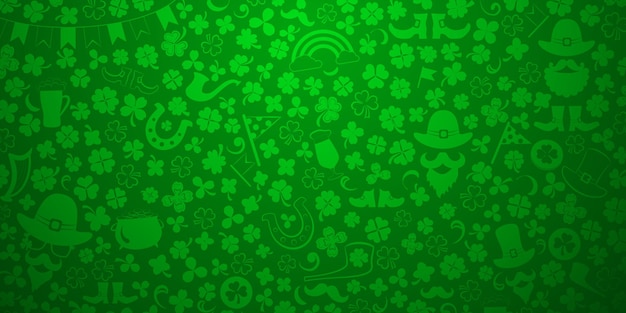 Background on St Patrick's Day made of clover leaves and other symbols in green colors