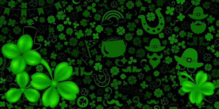Vector background on st patrick's day made of realistic clover leaves with shadows and others holiday symbols in green colors