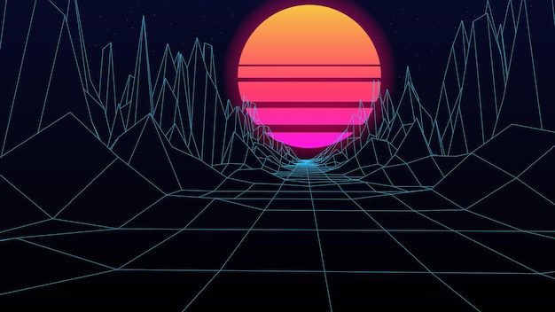 Background in the style of the 80s Abstract dark background with linear grid The framework of the landscape Polygonal map of the area Futuristic 3d vector illustration