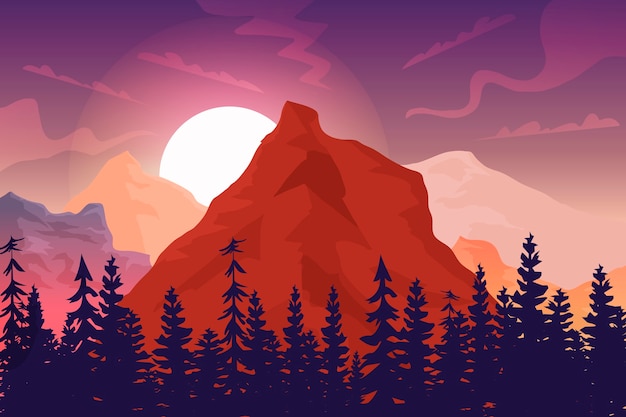 Vector background sunrise, big rock and forest