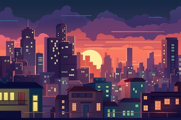 Vector background sunset in the city colorful cartoon illustration capturing the magical atmosphere