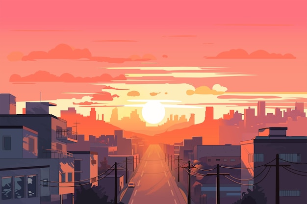 Vector background sunset in the city an illustration depicting the enchanting atmosphere of a city bathed