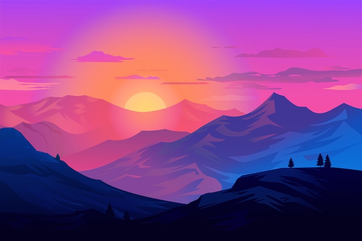 Vector background sunset in the mountains an artistic illustration of the beauty and tranquility of a pink mountain landscape against a bright sunset vector illustration